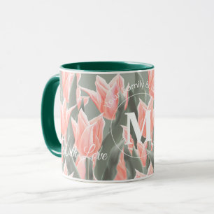 Elegant Family Namn Monogram Peach Tulips-målning Mugg