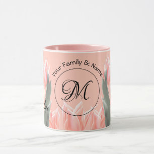 Elegant Family Namn Monogram Peach Tulips-målning Mugg