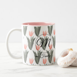 Elegant Family Namn Monogram Peach Tulips-målning Två-Tonad Mugg