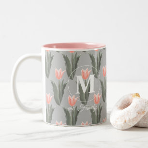 Elegant Family Namn Monogram Peach Tulips-målning Två-Tonad Mugg