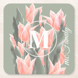 Elegant Family Namn Monogram Peach Tulips-målning Underlägg Papper Kvadrat