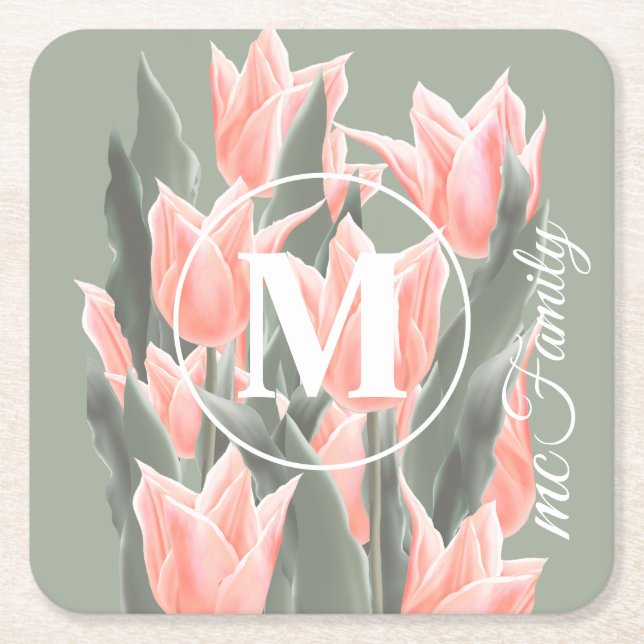 Elegant Family Namn Monogram Peach Tulips-målning Underlägg Papper Kvadrat (Framsidan)