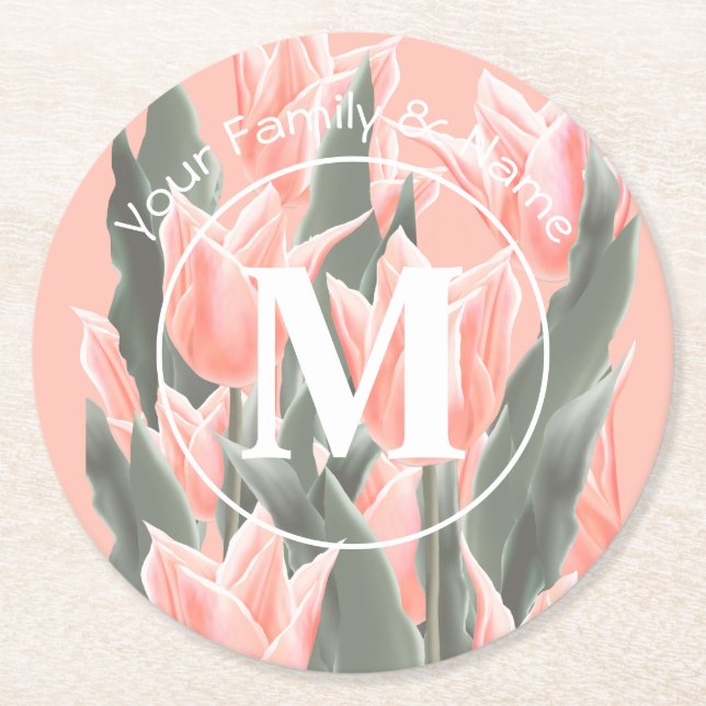 Elegant Family Namn Monogram Peach Tulips-målning Underlägg Papper Rund (Framsidan)
