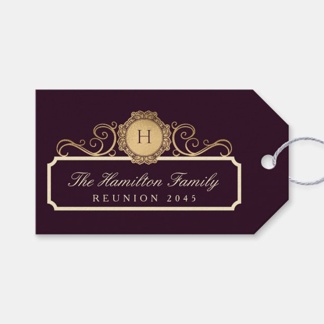 Elegant Family Reunion Guld Monogram Burgundy Presentetikett (Framsidan (Horisontell))