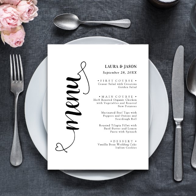 Elegant Fancy Script Bröllopsmeny Kort För Tallrik (Elegant fancy script wedding menu card adds refined charm to each place setting.)