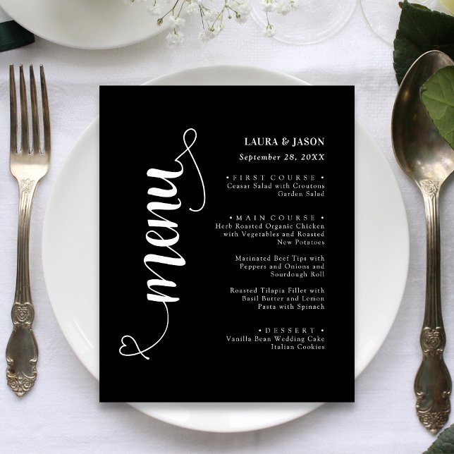 Elegant Fancy Script Bröllopsmeny Kort För Tallrik (Elegant script wedding menu card adds refined charm to each place setting.)