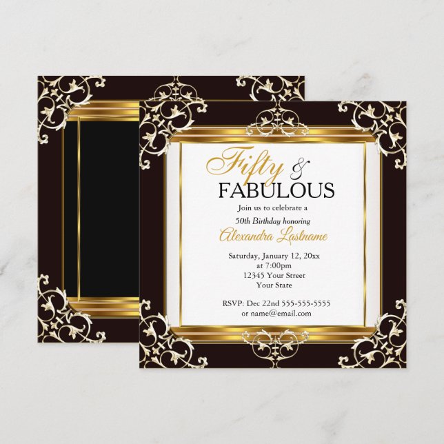 Elegant fantastisk guld svart vit 50-årsdag inbjudningar (Fram/baksida)
