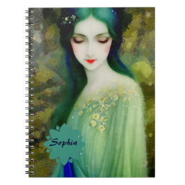 Elegant Fantasy Woman Porträtt i Grönt och Blue Anteckningsbok