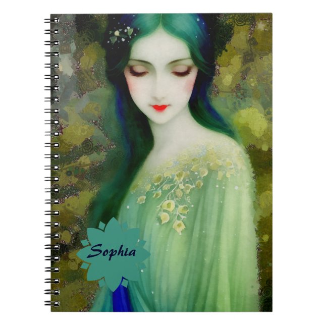 Elegant Fantasy Woman Porträtt i Grönt och Blue Anteckningsbok (Framsidan)