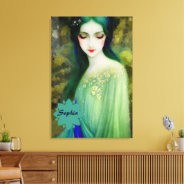 Elegant Fantasy Woman Porträtt i Grönt och Blue Canvastryck