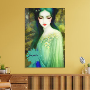 Elegant Fantasy Woman Porträtt i Grönt och Blue Canvastryck