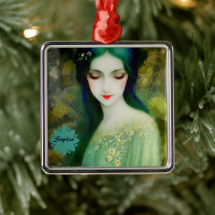 Elegant Fantasy Woman Porträtt i Grönt och Blue Julgransprydnad Metall