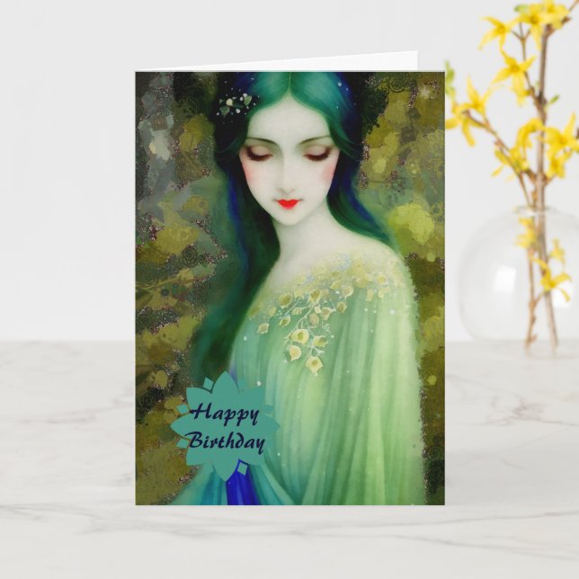 Elegant Fantasy Woman Porträtt i Grönt och Blue Kort (Gul blomma)