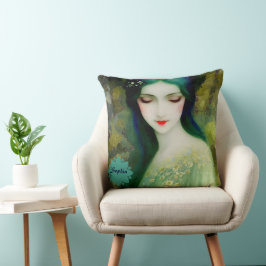 Elegant Fantasy Woman Porträtt i Grönt och Blue Kudde