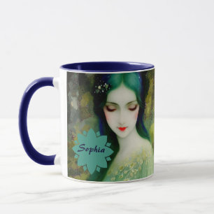 Elegant Fantasy Woman Porträtt i Grönt och Blue Mugg
