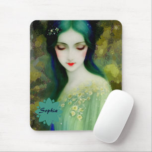 Elegant Fantasy Woman Porträtt i Grönt och Blue Musmatta