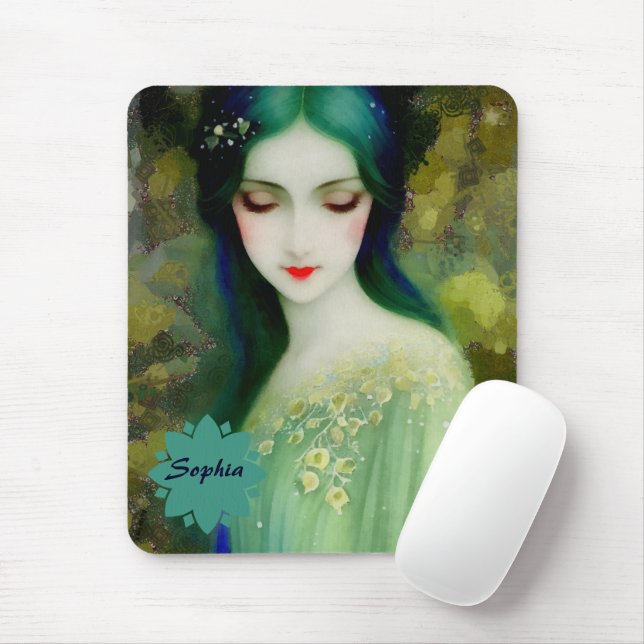 Elegant Fantasy Woman Porträtt i Grönt och Blue Musmatta (Med mus)