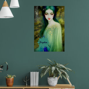 Elegant Fantasy Woman Porträtt i Grönt och Blue Poster