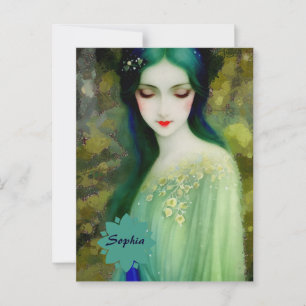 Elegant Fantasy Woman Porträtt i Grönt och Blue Vykort