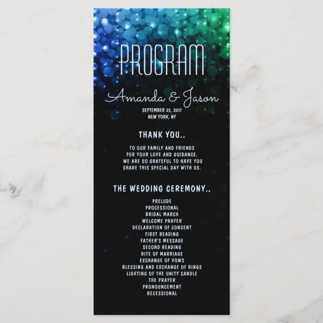 Elegant färg ljus bokeh bröllopsprogram program (Framsida)