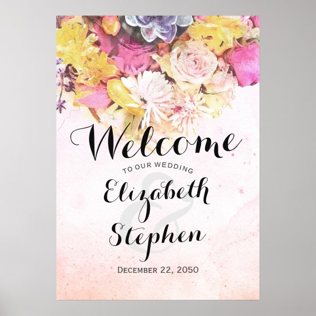 Elegant Färg vattenfärg Blommor Bröllop Välkomsthä Poster (Framsidan)