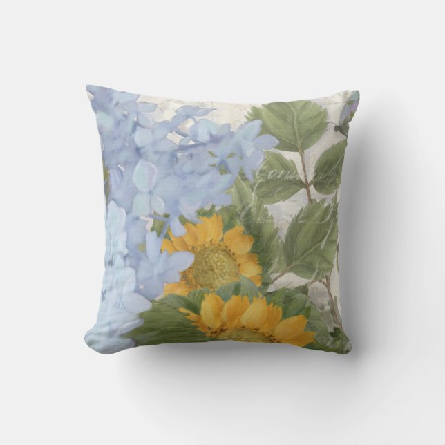 Elegant Färgad Blommigt Blå Hydrangea Sunblommor Kudde (Framsida)