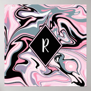 Elegant - färgad marmor rosa lila svart blått poster