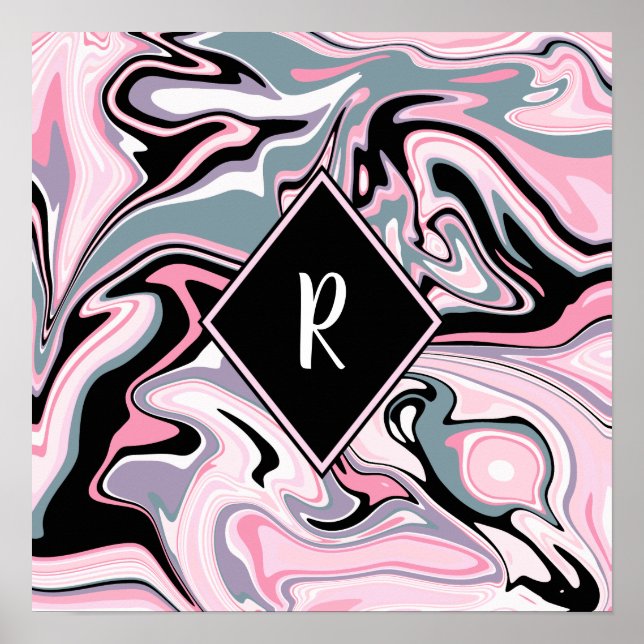 Elegant - färgad marmor rosa lila svart blått poster (Framsidan)