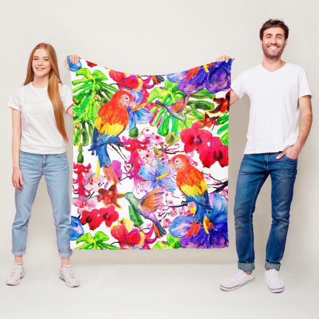 Elegant Färgblommor och papegoja Fleecefilt (På plats)