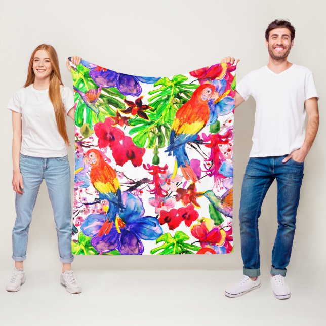 Elegant Färgblommor och papegoja Fleecefilt (På plats)