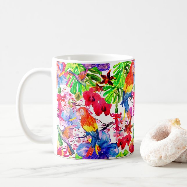 Elegant Färgblommor och papegoja Kaffemugg (Med munk)