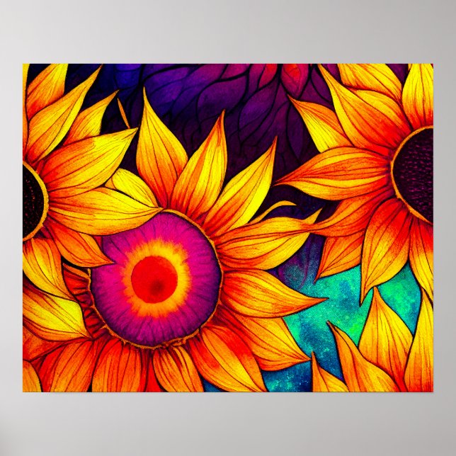 Elegant Färgfärgat solrosblomma Strömsverk | Poster (Framsidan)