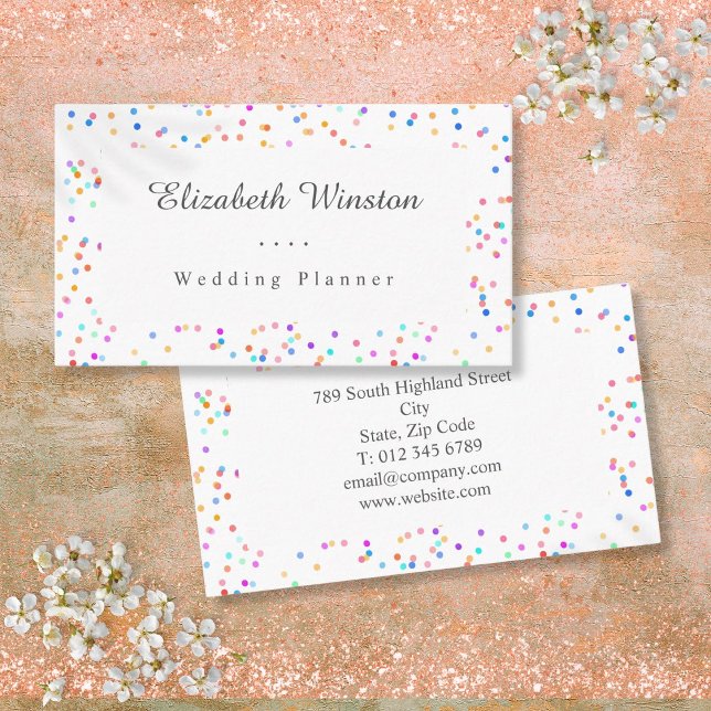 Elegant Färgfyllt Bröllop-konfetti-skript Visitkort (Elegant Colourful Wedding Confetti Script Business Card)