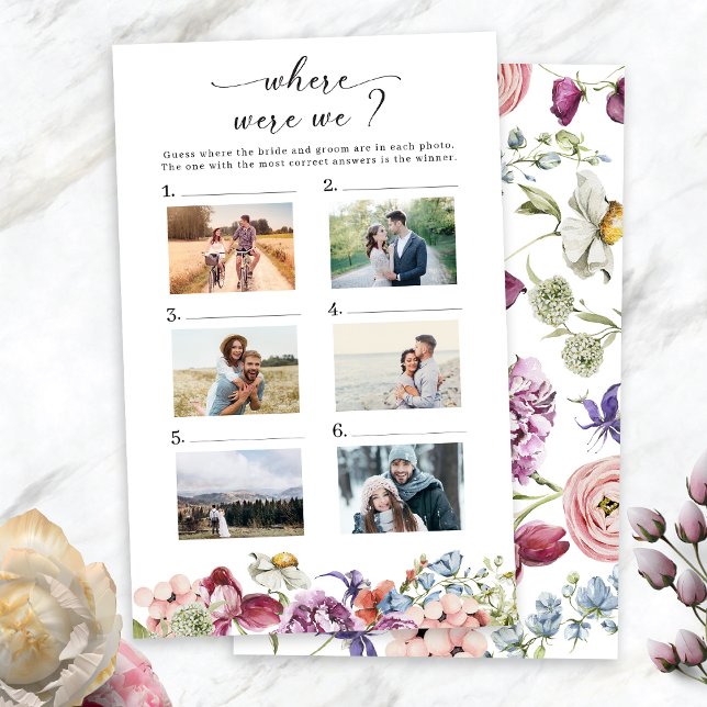 Elegant Färglös Blommigt Foto Möhippa Game (Elegant Colorful Floral Photo Where Were We Bridal Shower Game by Painted Paperie
)