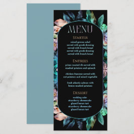 Elegant färglösa blommigtar svart bröllop meny
