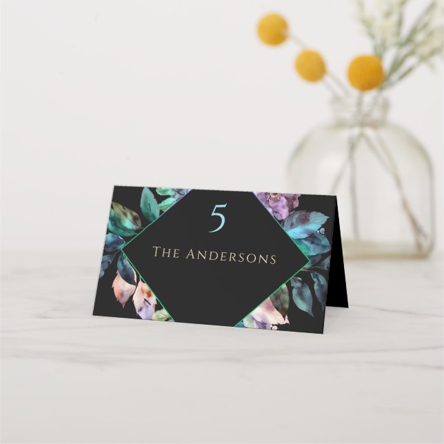 Elegant färglösa blommigtar svart bröllop placeringskort (Framsida)