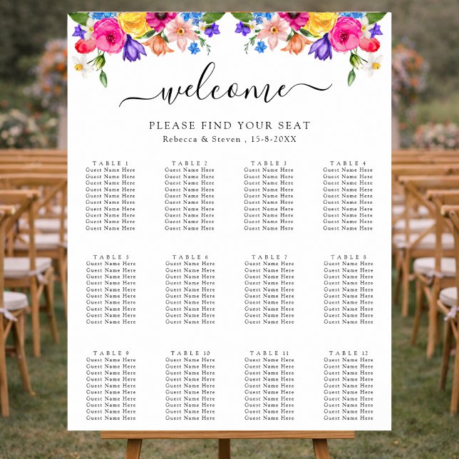 Elegant Färgrik Akvarell Blommig Bröllopsplacering Poster (Skapare uppladdad)