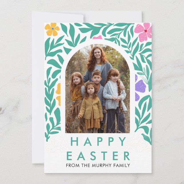 Elegant Färgrik Båge Blommig Påsk Familjefoto Julkort (Framsida)