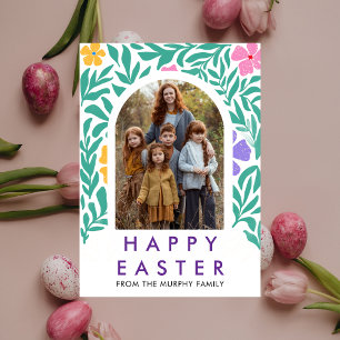 Elegant Färgrik Båge Blommig Påsk Familjefoto Julkort
