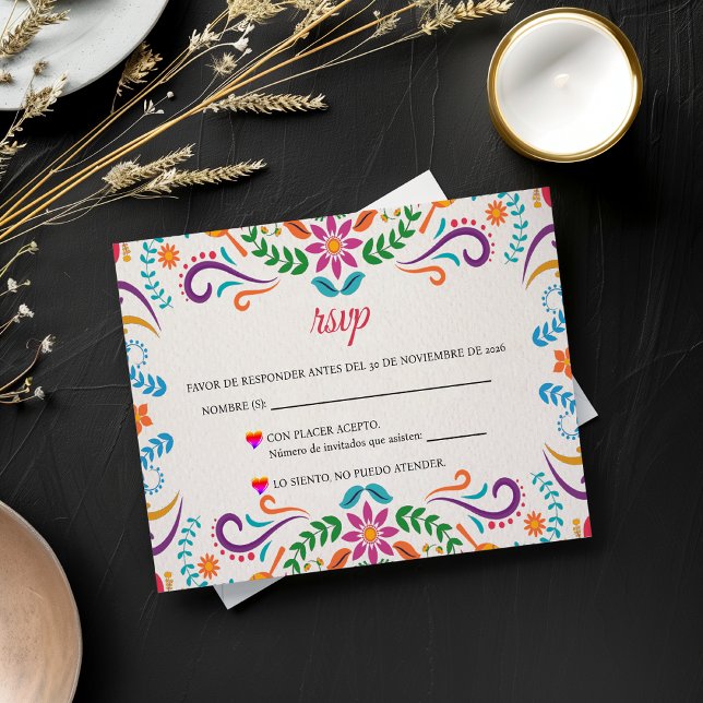 Elegant Färgrik Blommig Fiesta Spansk Bröllop OSA Kort (Elegant Colorful Floral Fiesta Spanish Wedding RSVP Card)