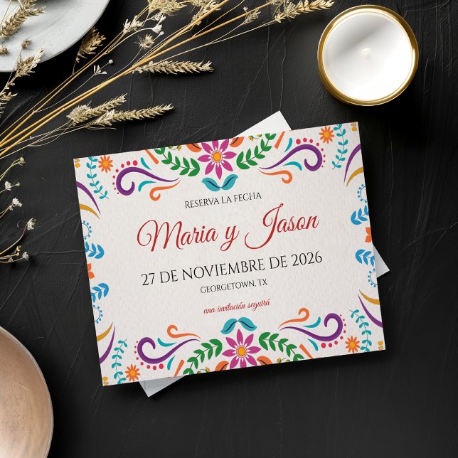 Elegant Färgrik Blommig Fiesta Spansk Bröllop Spara Datumet (Elegant Colorful Floral Fiesta Spanish Wedding Save The Date)