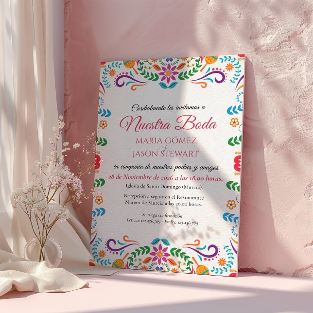Elegant Färgrik Blommig Fiesta Spansk Bröllopsfest Inbjudningar (Elegant Colorful Floral Fiesta Spanish Wedding Invitation)