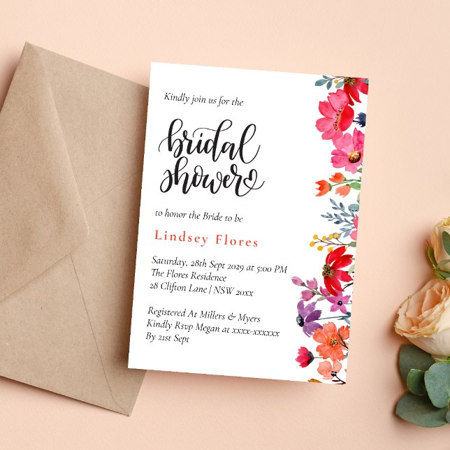 Elegant Färgrik Blommig Grönska Bröllopsdusch Inbjudningar (Elegant colorful floral greenery invitation creates a fresh, joyful bridal shower tone)