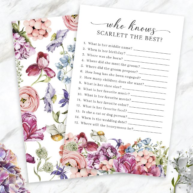 Elegant Färgrik Blommig Vem Känner Bruden Bäst Lek (Elegant Colorful Jewel Tone Floral Who Knows The Bride  Best Game by Painted Paperie
)