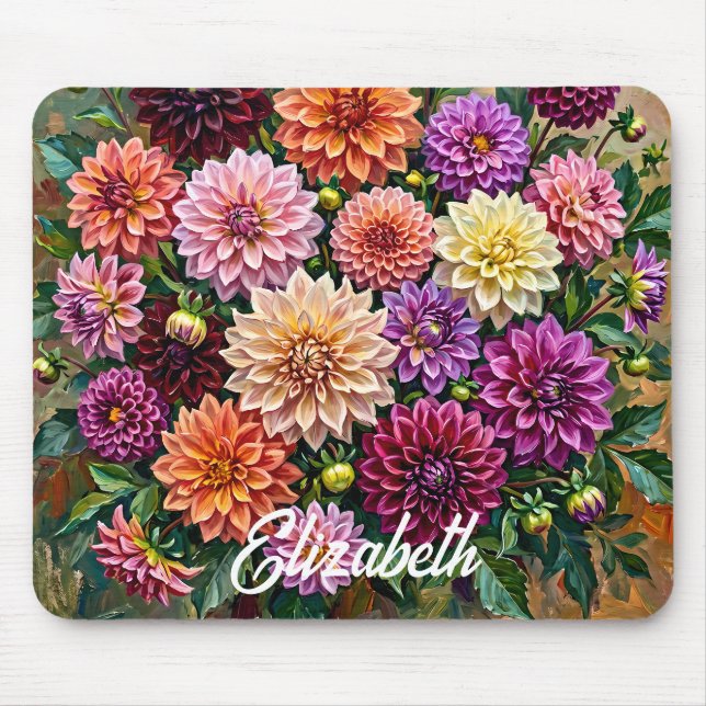 Elegant färgrik målning av Dahlia-blommor Musmatta (Framsidan)