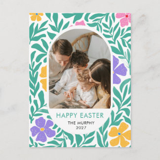 Elegant Färgrik Oval Blommig Påsk Familjefoto Helg Vykort