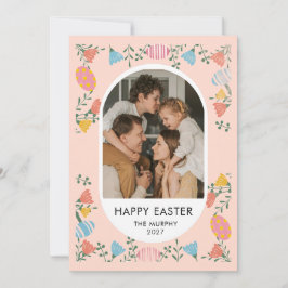 Elegant Färgrik Oval Blommig Påsk Familjefoto Julkort