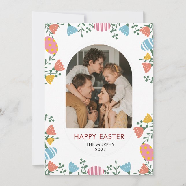 Elegant Färgrik Oval Blommig Påsk Familjefoto Julkort (Framsida)