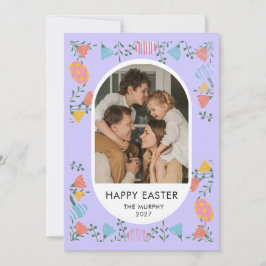 Elegant Färgrik Oval Blommig Påsk Familjefoto Julkort