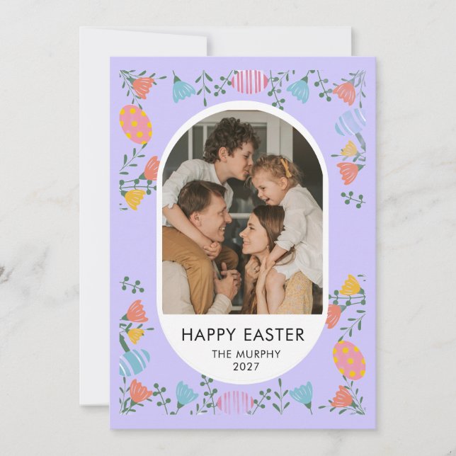 Elegant Färgrik Oval Blommig Påsk Familjefoto Julkort (Framsida)